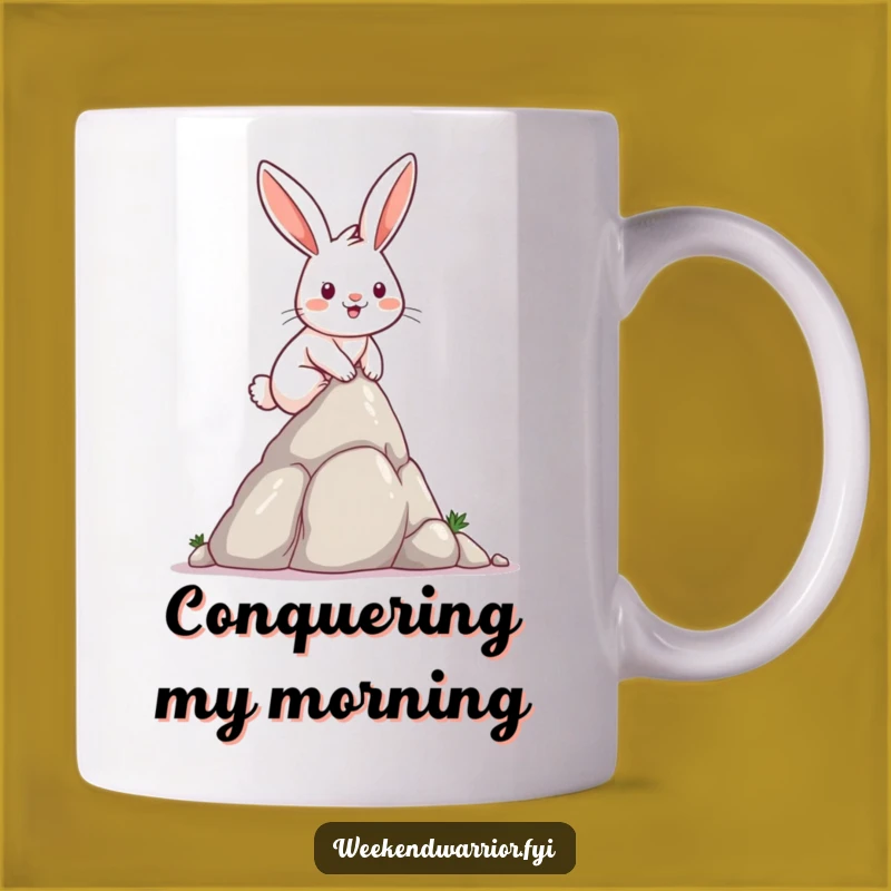 Funny Rabbit Climber Mug: Determined rabbit scaling rocks, a funny motivational gift.