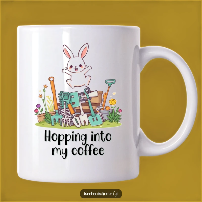 Funny Rabbit Gardener Mug: Leaping Over Tools, Humorous Hobby Gift, Perfect Mug