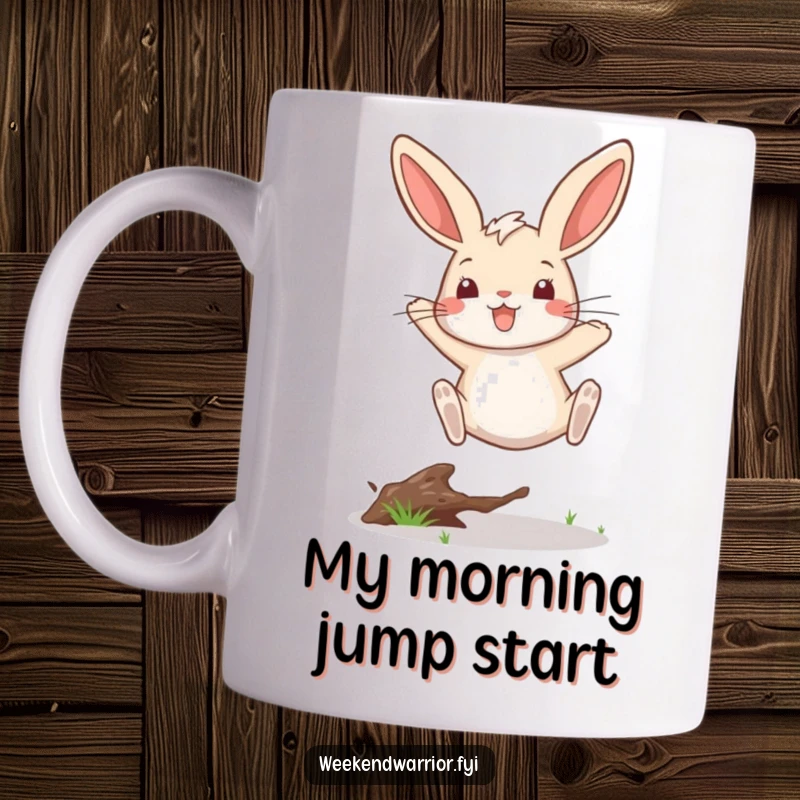 Funny mug showing a joyful rabbit mid-air, victoriously leaping over a twig with a silly, happy expression.