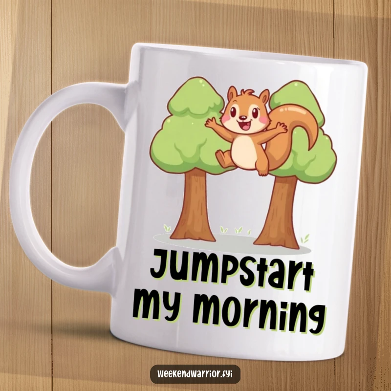 Funny joyful squirrel leaping energetically across a gap between two trees on a humorous mug.