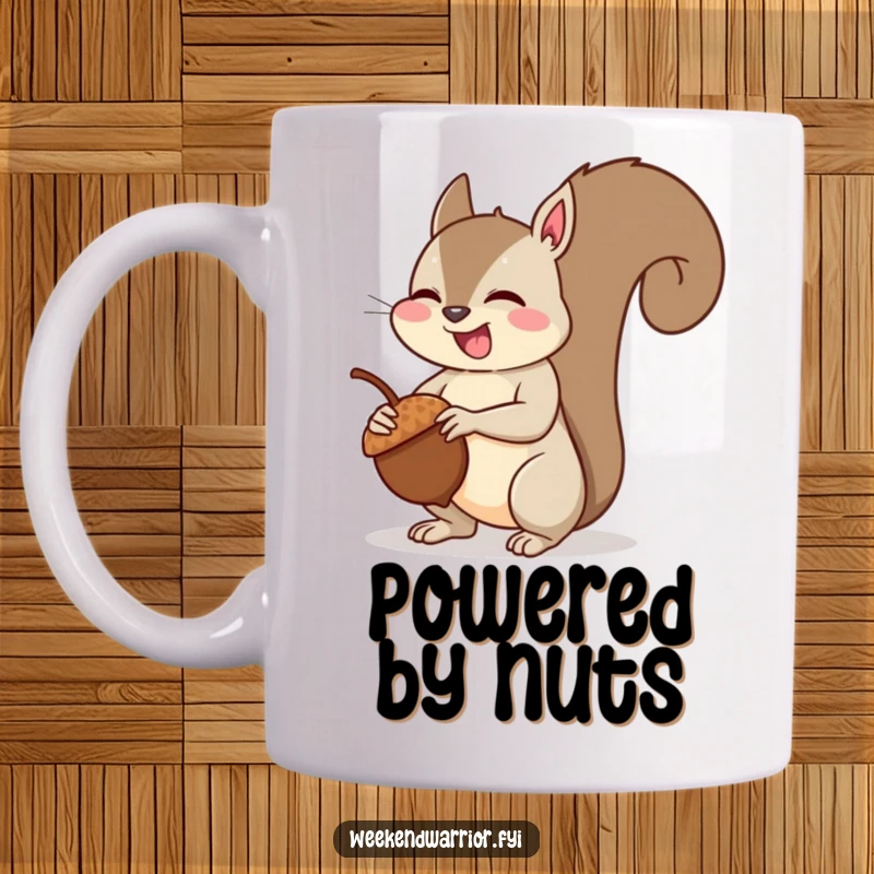Funny squirrel muscle mug showing a giggling squirrel proudly flexing its bicep after lifting a tiny acorn, full of playful pride.