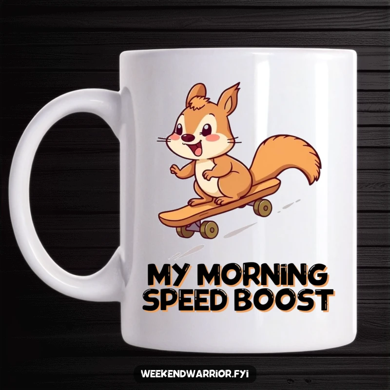 Funny squirrel character gleefully skateboarding downhill on a wooden board, conveying pure joy and a love for adventure.