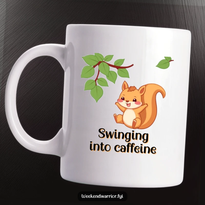 Funny Squirrel Mug shows a playful squirrel swinging from a vine with a huge, joyful grin.