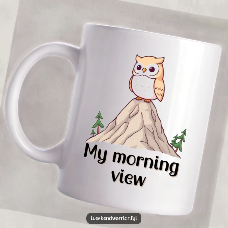 Funny Kawaii owl mug, wisely surveying a landscape from the peak of a tiny mountain, peaceful and thoughtful.