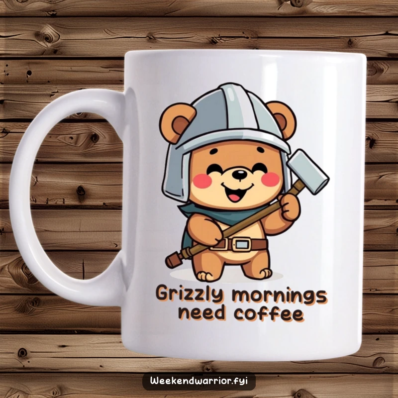 Funny mug featuring a happy bear wearing a helmet and holding a hammer, ready for DIY projects.