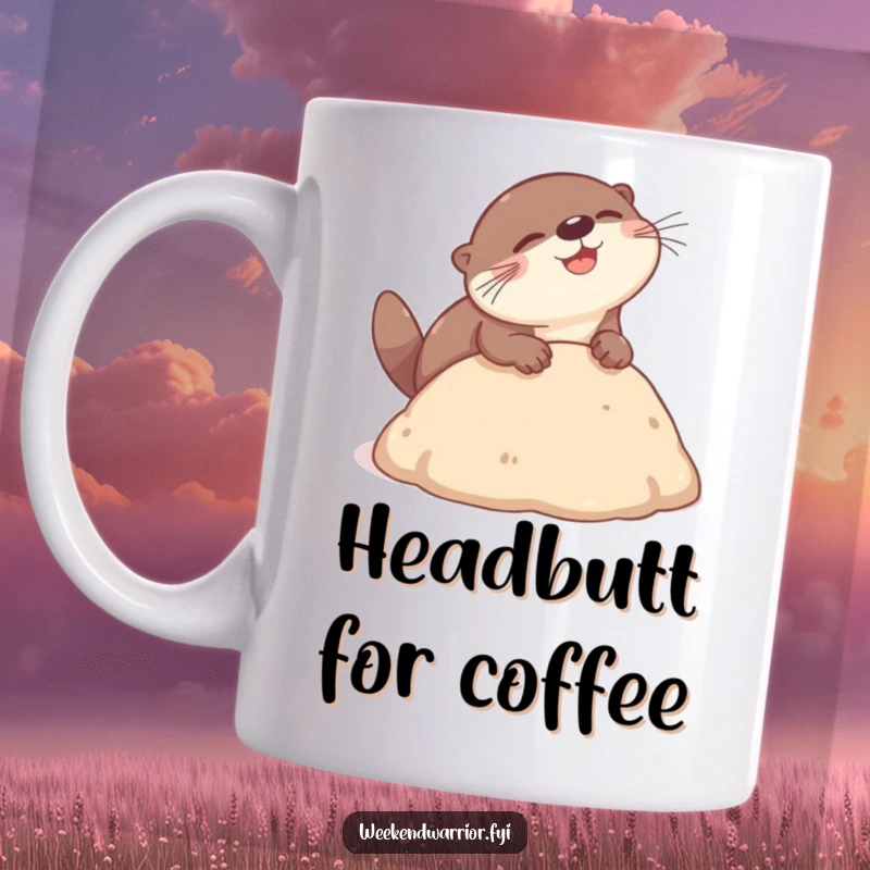 Funny otter mug showing a playful otter gleefully performing a headbutt dive into a soft, fluffy mound, perfect for animal lovers.