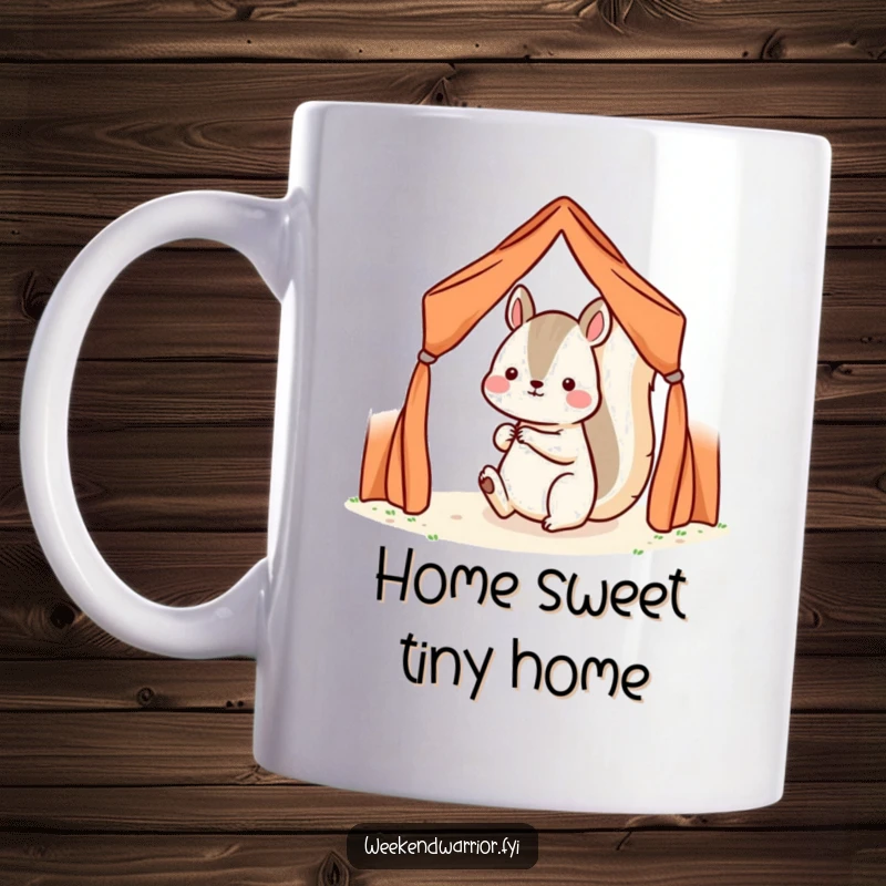 Funny Kawaii squirrel setting up a small tent on a mug, looking determined and ready for adventure.
