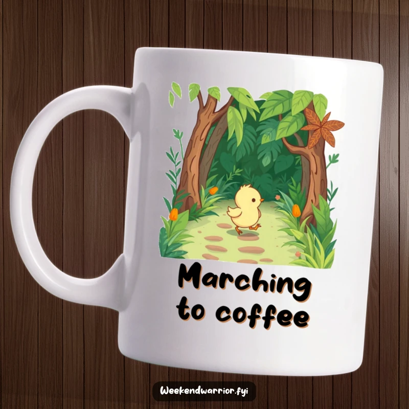 Funny Chick Mug shows a cute chick with tiny boots, marching purposefully through a lush jungle path.