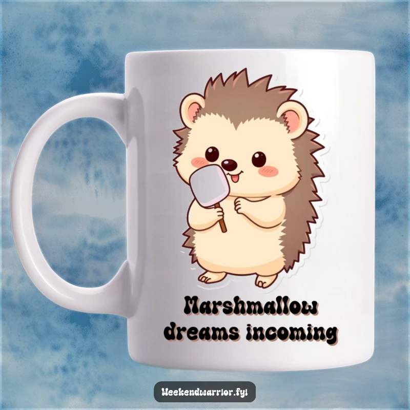 Funny kawaii hedgehog mug, holding a marshmallow on a stick, ready to roast, cute and cheerful.