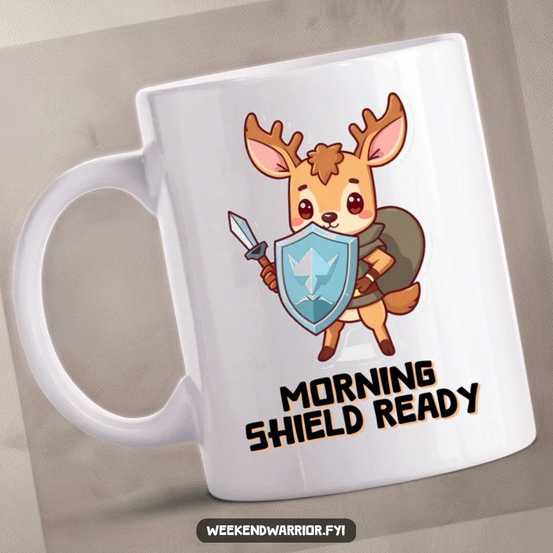 Funny Kawaii deer warrior mug, bravely holding a sword and shield, ready for any challenge, a humorous and cute gift.