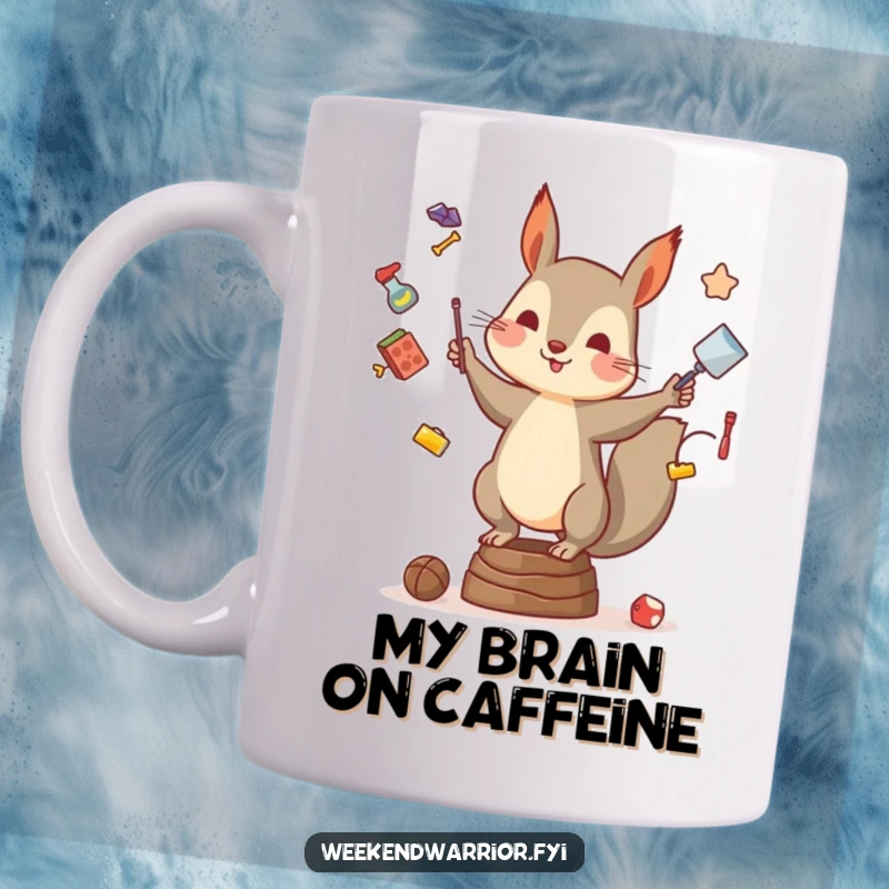 Funny mug featuring a mischievous squirrel skillfully juggling nuts and acorns while precariously balancing on a thin branch.