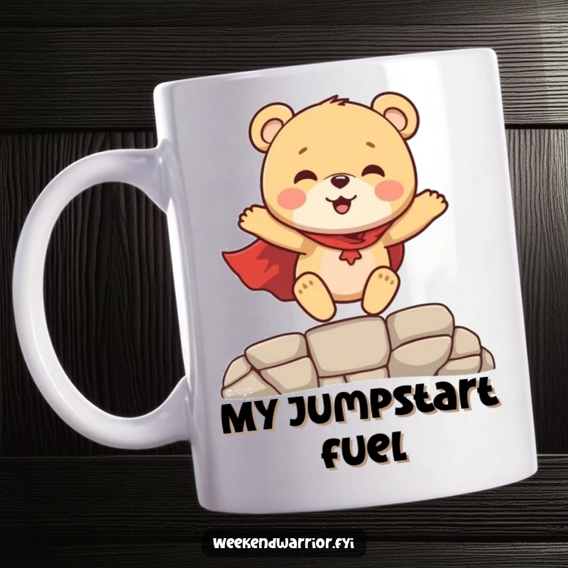 Funny Superhero Bear Cub Mug, a happy bear cub in a red cape leaping heroically over a small gap, embodying courage.