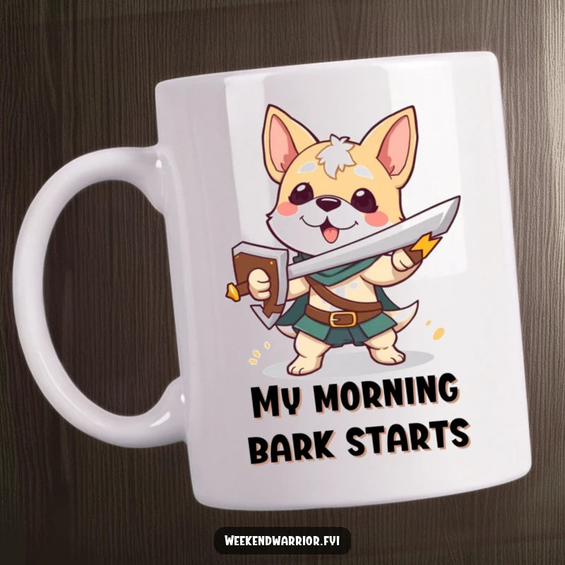 Funny mug depicting a playful dog character bravely wielding a small sword and shield, ready for adventure.