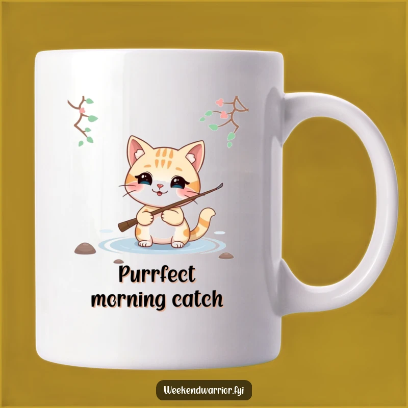 Funny Smiling Cat Fishing Mug, Relaxing Angler Gift for Cat Lovers
