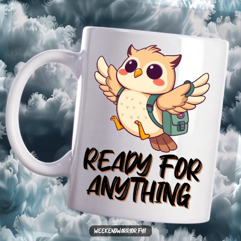 Funny owl mug with a cheerful owl flying with a backpack loaded with adventure supplies, ready for exploration.