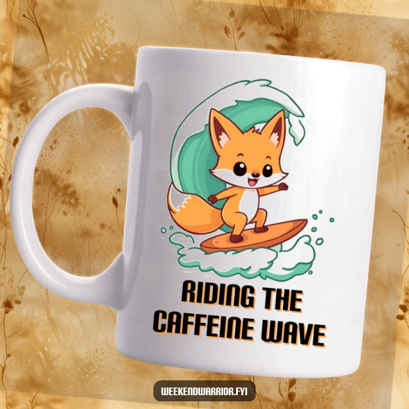 Funny mug featuring a playful fox character confidently surfing a stylized, green wave with a cool demeanor.