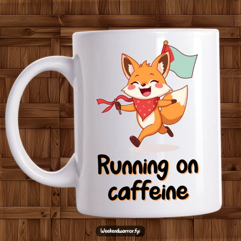 Funny fox mug showing a joyful fox in a bandana running spiritedly while holding a flag, perfect for patriotic or celebration themes.