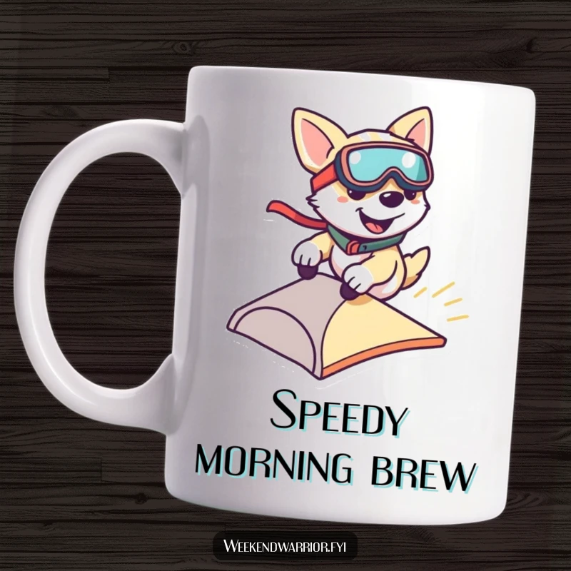 Funny mug showing a smiling dog wearing goggles and zipping down a small ramp, depicting pure canine joy and speed.