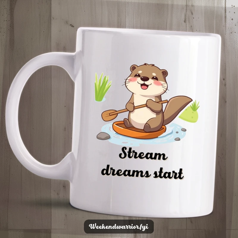 Funny mug featuring a joyful otter with a paddle enthusiastically navigating a small stream, symbolizing happiness and adventure.
