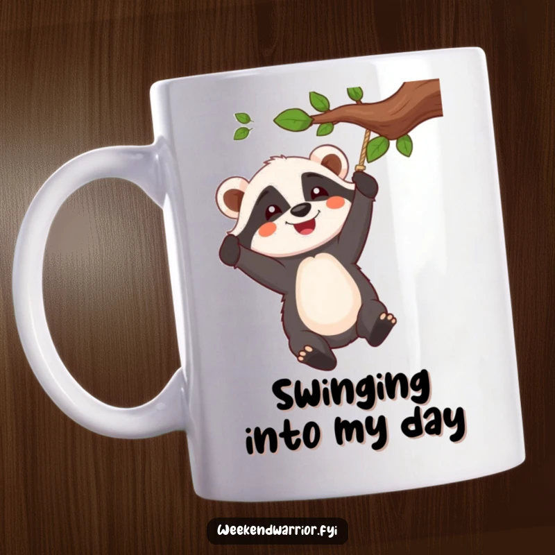 Funny mug featuring a cheerful badger character joyfully swinging from a rope tied to a tree branch.