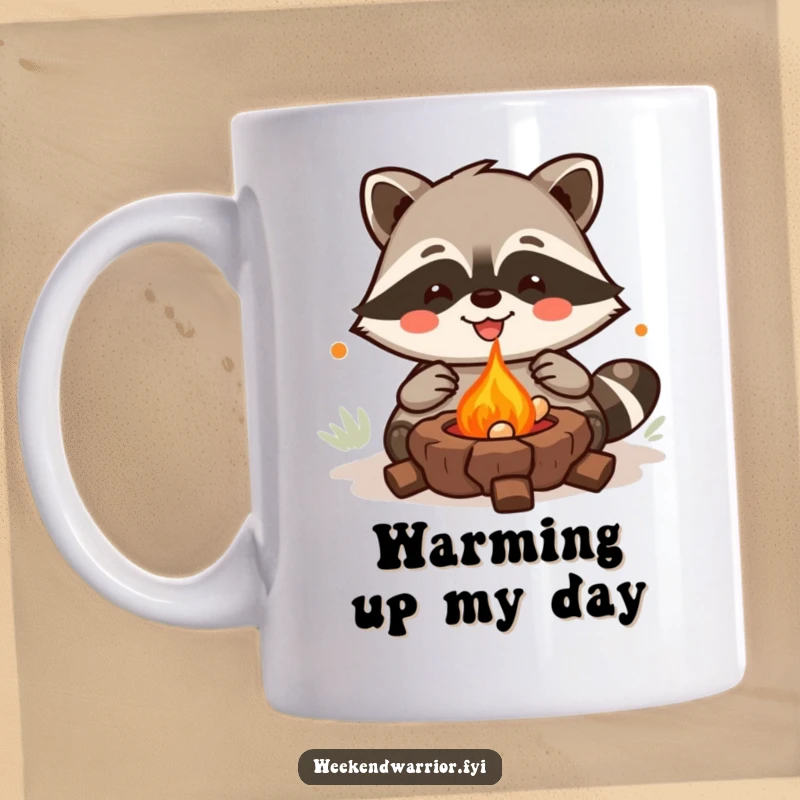 Funny Kawaii Raccoon Mug featuring a joyful character grilling treats over a campfire, spreading cozy, humorous vibes. Perfect funny gift.