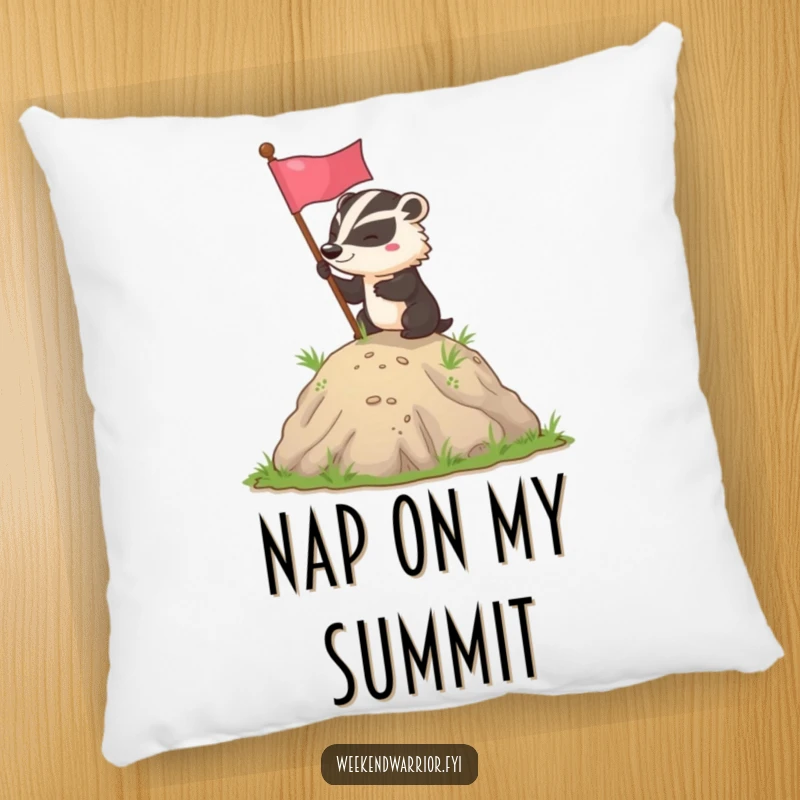 Funny badger flag planting pillow with a determined badger planting a flag, offering comfort and a symbol of success.