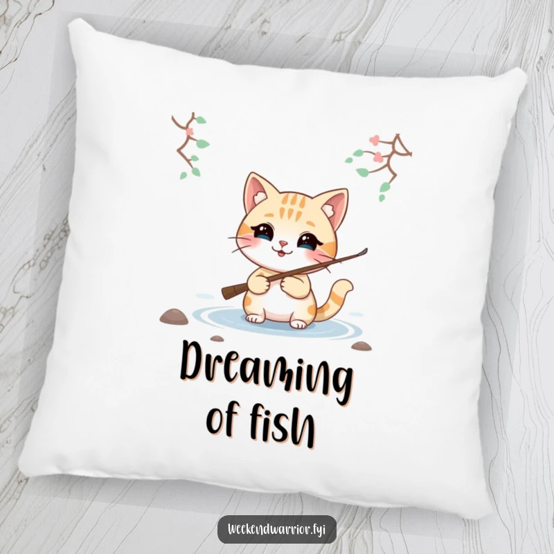 Funny pillow featuring a smiling cat character with a fishing rod by a lake, ideal for adding comfort and a touch of whimsy.