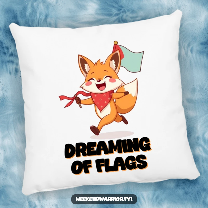 Funny fox pillow showing a joyful fox wearing a bandana, running with a flag, providing humorous comfort and a touch of cheer.