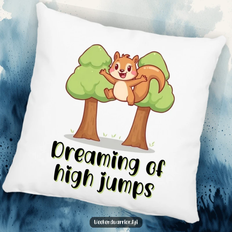 Funny joyful squirrel leaping between two trees on a soft, humorous pillow.
