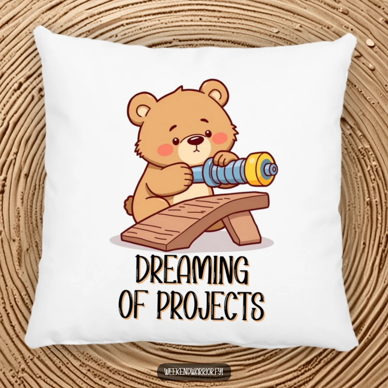 Funny pillow featuring a determined bear focused on tightening a bolt on a ramp, offering comfort and motivation.