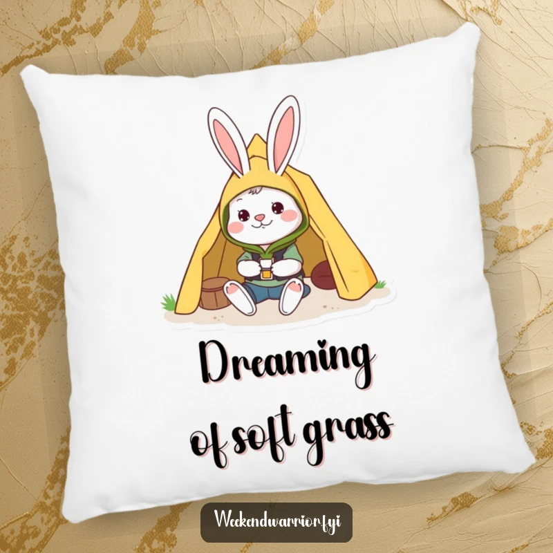 Funny pillow featuring a cheerful rabbit in camping gear setting up a tent, providing comfort and camping charm.
