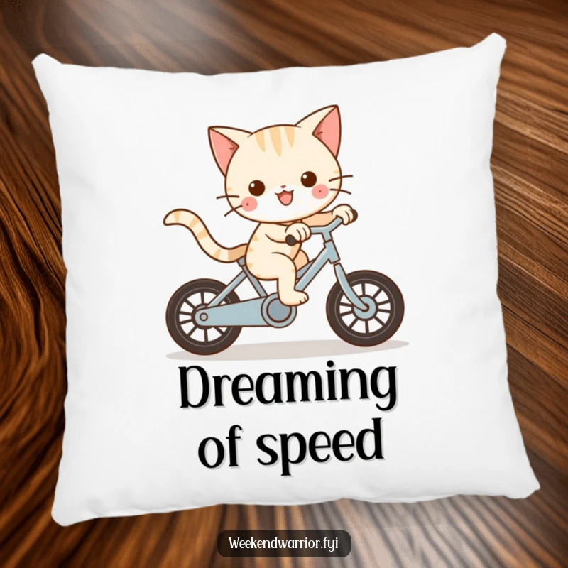 Funny Kawaii cat character riding a bike with great speed on a soft pillow, radiating playful energy.