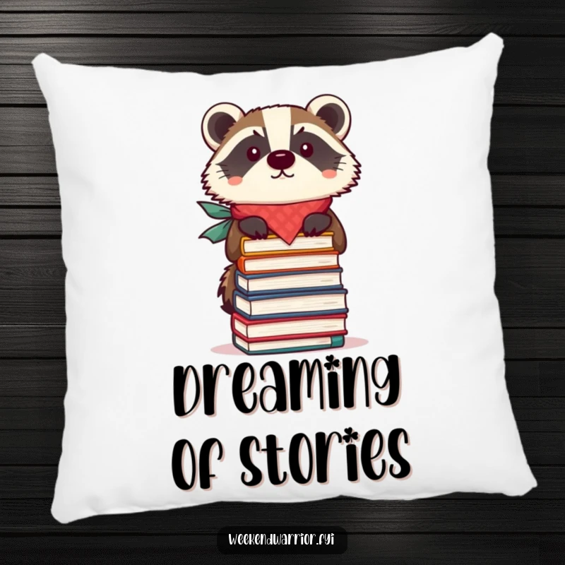 Funny pillow featuring a focused badger in a bandana balancing a stack of books, adding cozy and intellectual decor.