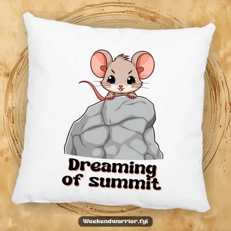 Funny pillow featuring a brave mouse character scaling a miniature rock, offering comfort and a humorous touch of adventure to any room.