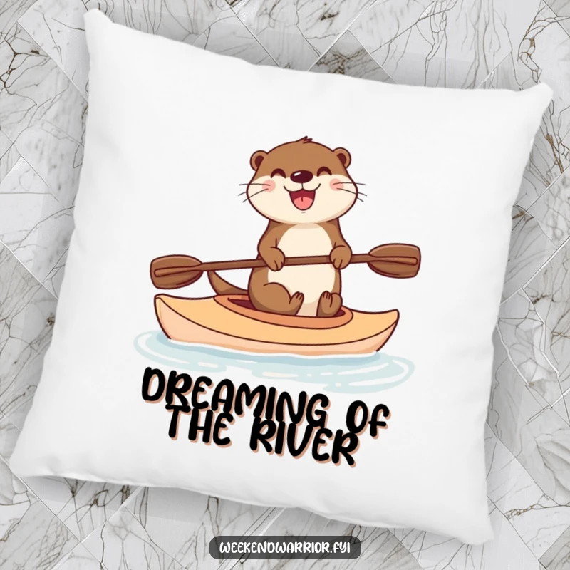 Funny pillow featuring a delighted otter balancing on a kayak, paddle held high, perfect for adding humorous comfort to any space.