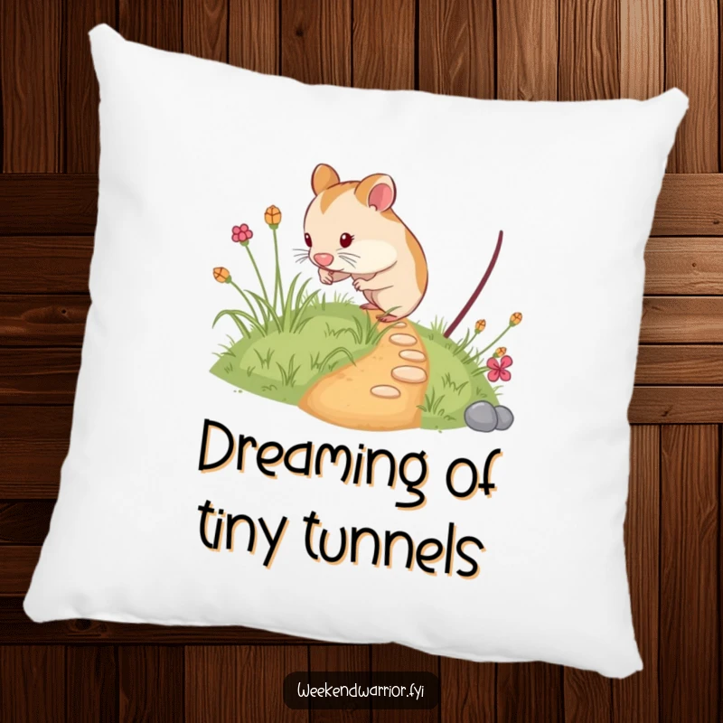 Funny hamster pillow featuring a curious rodent on a tiny, overgrown path, providing comfort and a touch of whimsical, miniature exploration.