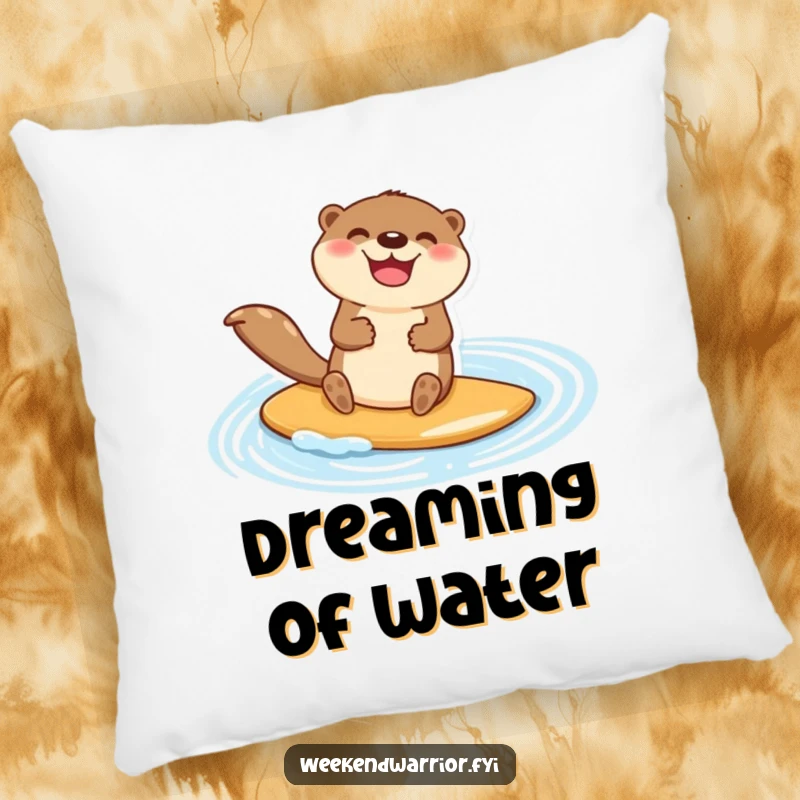 Funny pillow with a happy otter character jubilantly paddleboarding across a shimmering blue pond, providing comfort and a cheerful vibe.