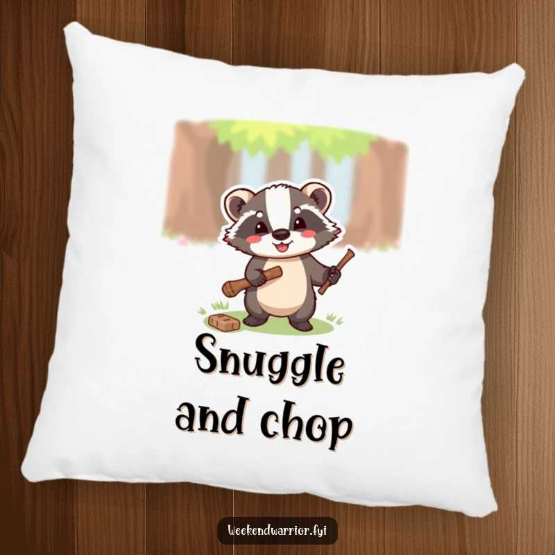 Funny pillow featuring a happy badger holding a small axe, ready to chop a twig, offering comfort and charm.