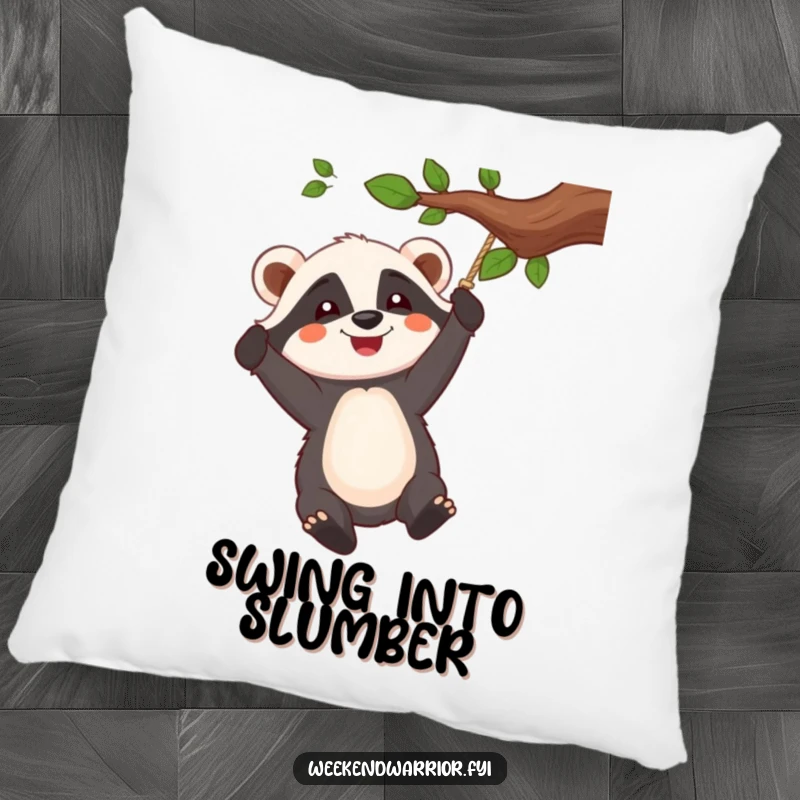 Funny pillow featuring a cheerful badger character swinging from a tree branch rope, perfect for cozy, humorous decor.