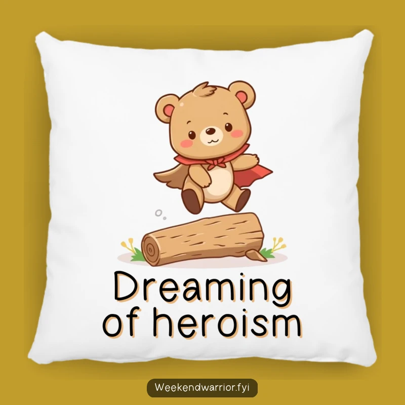 Funny Bear Cub Pillow: Cuddly Hero Leaping Over Logs Accent