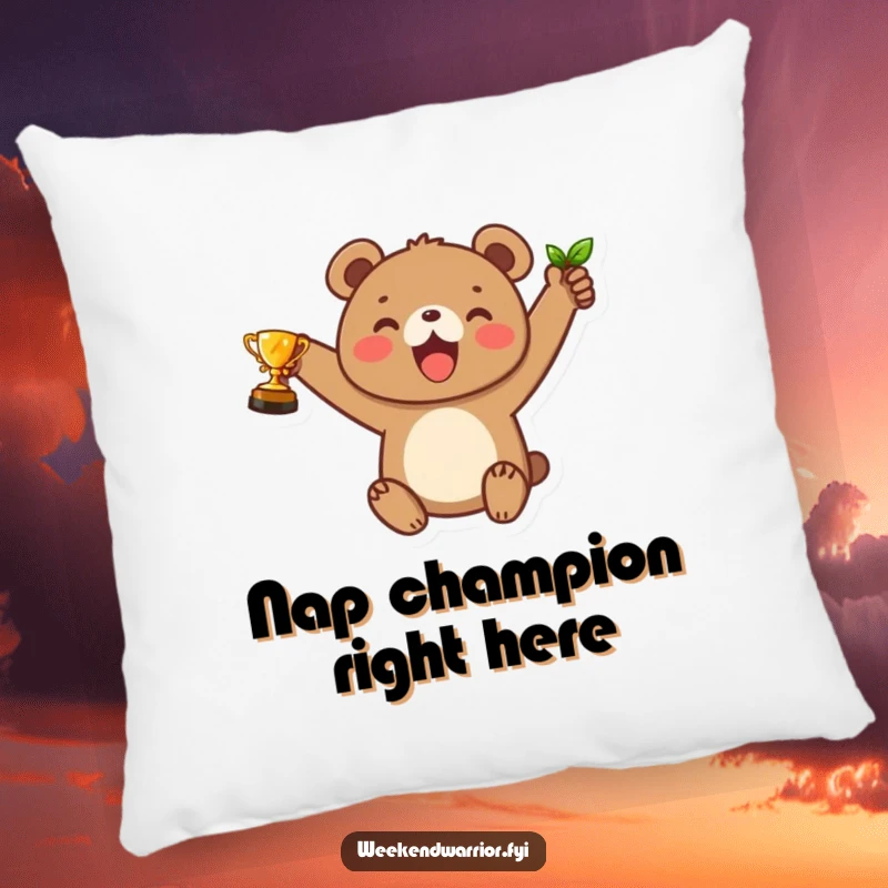 Funny pillow with a joyful bear cub character holding a leaf trophy, providing comfort and a cheerful reminder of success.