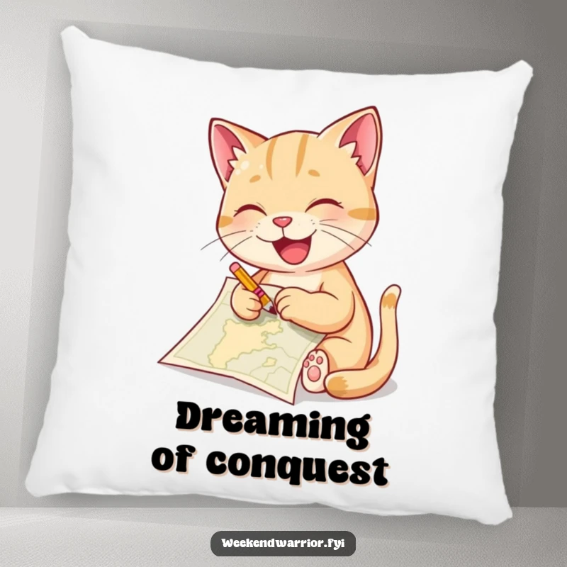 Funny cat pillow featuring a delighted feline sketching a map with a tiny pencil, offering comfort and a touch of artistic humor.