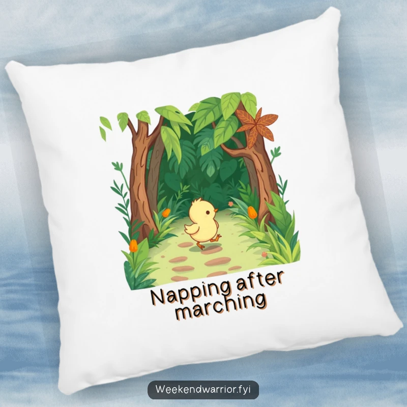 Funny Chick Pillow with tiny boots, marching through a lush jungle path, adding comfort and cuteness.