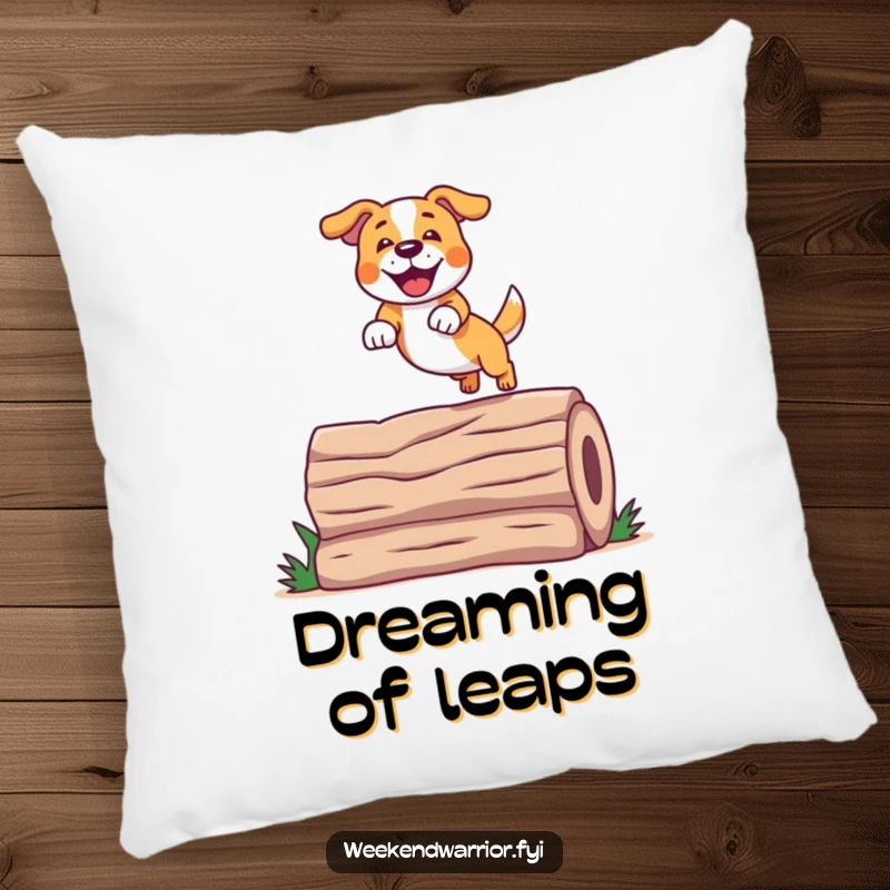 Funny Jumping Dog Pillow featuring a cute, cheerful dog mid-jump over a log, perfect for comfort and playful decor.