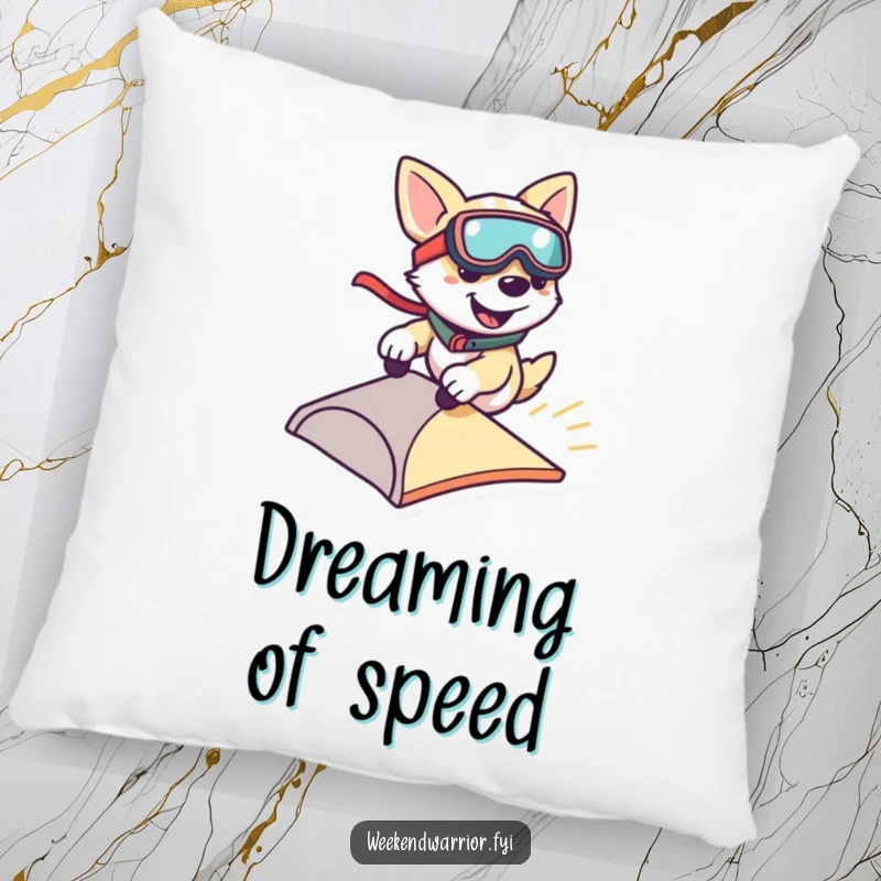Funny pillow showcasing a smiling dog wearing goggles, zipping down a small ramp, providing comfort and playful decor.