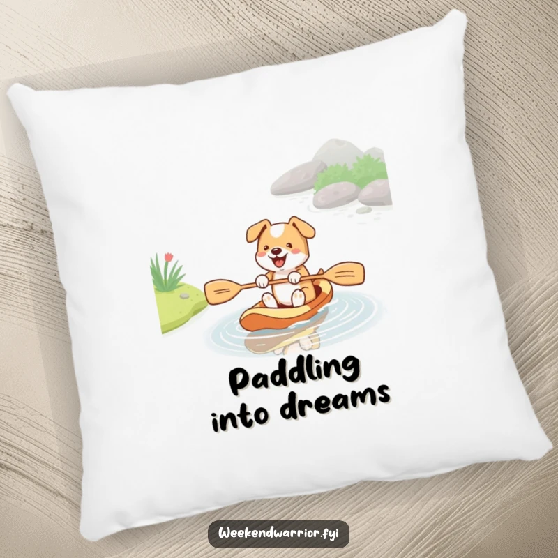 Funny pillow showing an energetic dog paddling in a stream with a paddle, offering comfort and a humorous, dog-themed design.