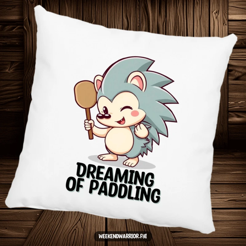 Funny hedgehog pillow featuring a cheerful hedgehog character ready to paddle, providing comfort and humor on any sofa.