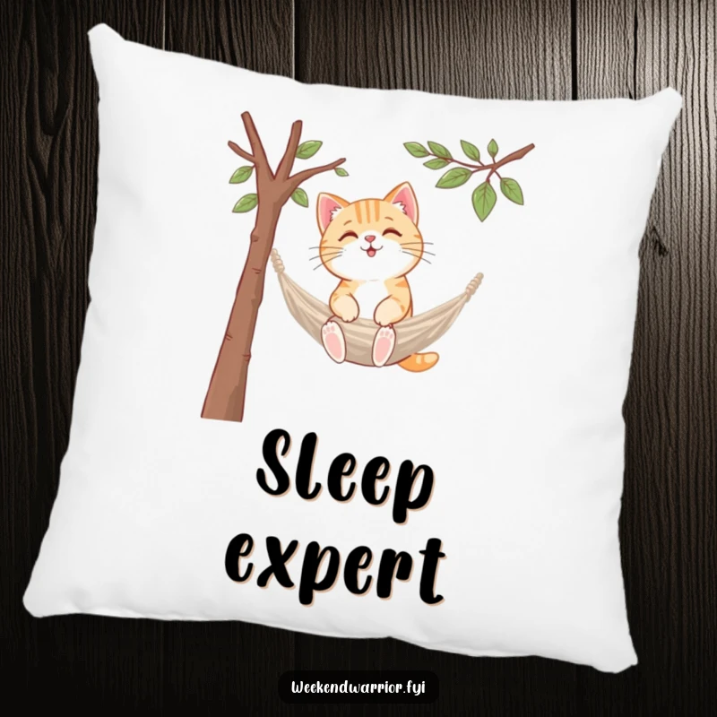Funny kawaii cat pillow, setting up a tiny hammock between branches, soft and huggable.