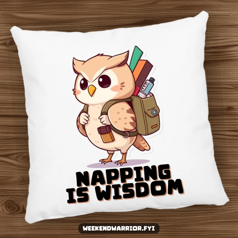 Funny Kawaii Owl Pillow with a curious character carrying a backpack, offering soft, humorous comfort. Ideal funny gift.