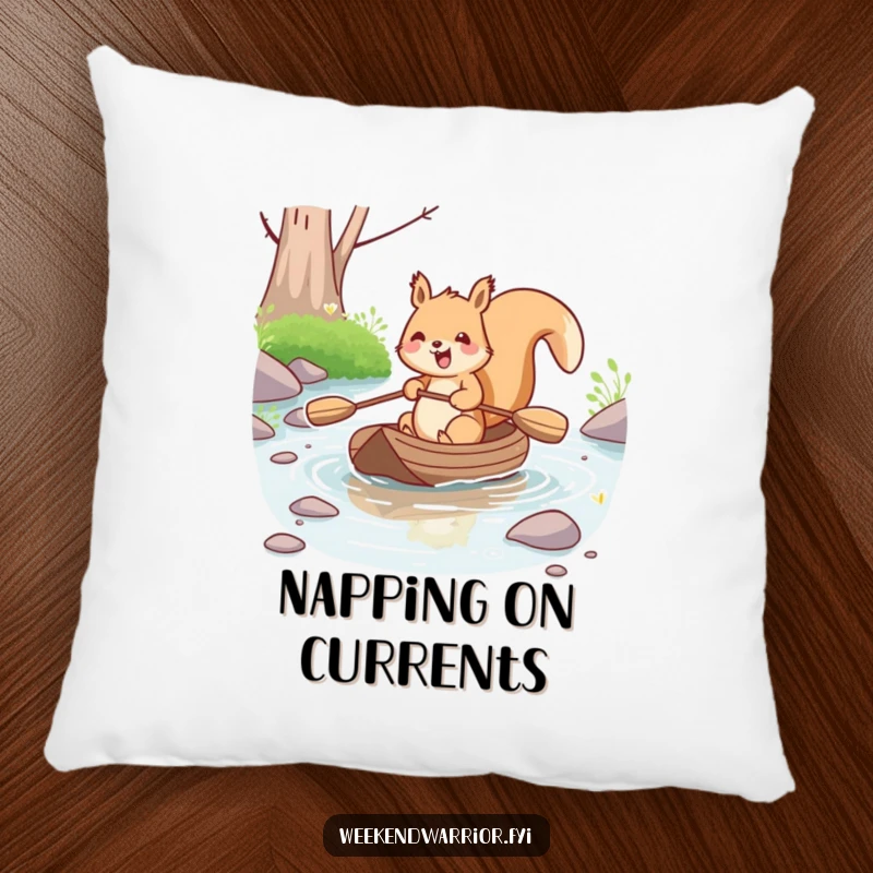Funny kawaii squirrel joyfully paddling a small raft down a stream, on a soft pillow. Adds comfort and gentle humor.